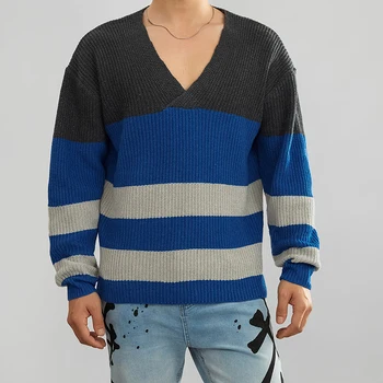 Мъжки ретро пуловер Оверсайз, Многоцветни райета вязаный пуловер с дълъг ръкав, жилетка, пуловер унисекс с кръгло деколте