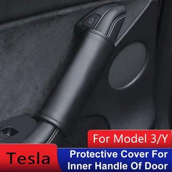 Най-новият 4 бр./компл. Защитно Покритие На Вътрешни Дръжки На Врати Кожено За Tesla Model 3/Y 2022 Аксесоари За Интериора На Автомобила Автомобилни Части 2020 2021