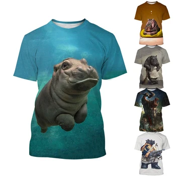 Нова мода тениска с принтом Хипопотам, Унисекс С 3D принтом, Забавна Ежедневна Тениска с къс ръкав, Размер XXS-6XL