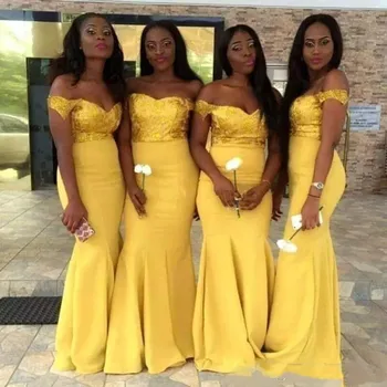 Нови Африкански Жълти Евтини шаферски рокли на Русалка с открити рамене, Сатенени рокли за вашата сватба парти с пайети, вечерни рокли на шаферките D