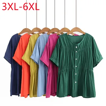 Нови дамски летни блузи големи размери 2023 г. На жените, зелена тениска с кръгло деколте и къс ръкав голям размер 3XL 4XL 5XL 6XL