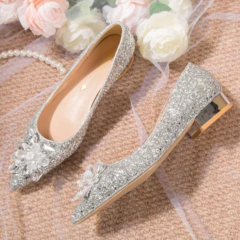 Нови Сватбени обувки за Булката На Висок ток С пайети, Дамски Сребърни и Златни Стъклени Обувки С Кристали, Дамски Модни Модела обувки с кристали