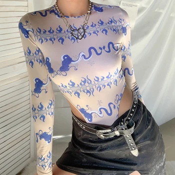 Оборудвана Инди-Нов боди-боди Para Mujer Bodys, Дамски Есен универсална тънка тениска с дълги ръкави и принтом графити в ретро стил