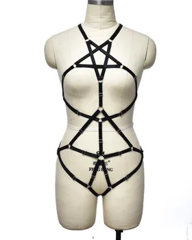 Пентаграм, готически дрехи, секси колан-клетка за тяло, Куха комплект за бондажа, отворена на гърдите, Черно бельо, ремък за свързване на сутиена