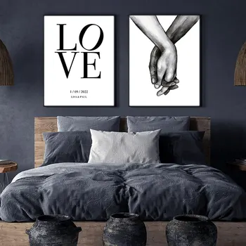 Персонализирани плакат LOVE, уникална идея за подарък, дата, име, стенно изкуство, живопис върху платно, печат на снимки, минималистичен начало декор за хола