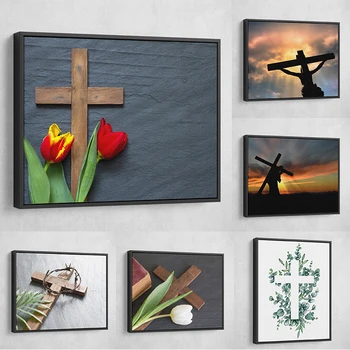 Плакат с християнски кръст, на Великден Исус на Кръста, Стенни картини с цветя, Печат върху платно, Библията, Религиозни стая, Начало декор, Живопис