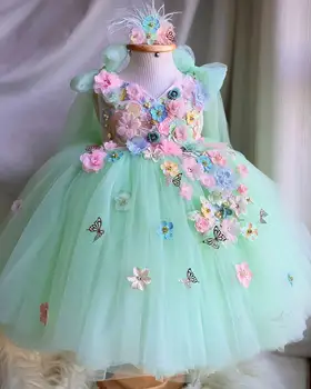 Прекрасно светло-зелени рокли за момичета в цветенце на сватба, детски рокли за момичета с лък-пеперуда, празнични рокли за момичета, Фотосесия за рожден ден