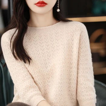 Пролетно-летния нов дамски пуловер от 100% вълна, с кръгло деколте и къси ръкави, тениска, вязаный тънък пуловер, пуловер 6 цвята