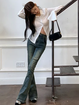 Реколта разкроена дънкови панталони с висока талия за жени, градинска облекло Y2K, модни эстетичные тесни дънки, готически панталони Harajuku 2000-те години