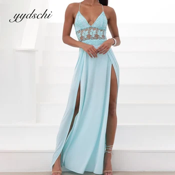Светло синьото бельо рокля за абитуриентски бал с аппликацией, елегантна секси рокля с V-образно деколте и с отворен гръб, вечерни рокли на спагети презрамки за жени