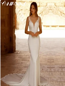 Секси рокля с V-образно деколте и отворен гръб за булката, Елегантна сватбена рокля с кружевными апликации, Класическа сватбена рокля-русалка с дължина до пода
