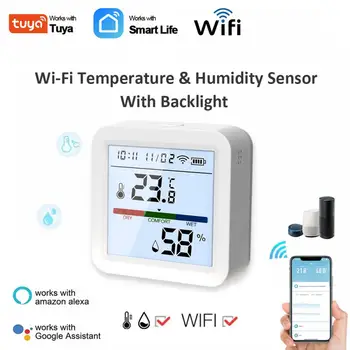 Сензор за температура и влажност на Hristo Wifi С подсветка, вътрешен Влагомер, Детектор за пожар, Дистанционна поддръжка Алекса Google Home