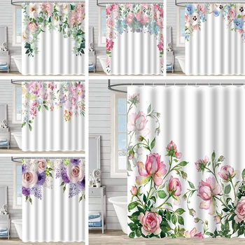 Скандинавските 3D Рози Завеса за душ Цветни растения Водоустойчив плат Завеса за баня с куки Украса баня със зелени листа