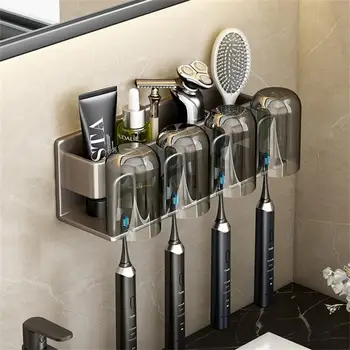 Стенен държач за четка за зъби алуминиева сплав, поставка за паста за зъби, Спестяване на пространство в банята, липсата на перфорации, Аксесоари за баня