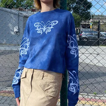 Съкратен върховете Blue Бътерфлай за жени y2k, тениски с кръгло деколте и дълъг ръкав, облекла в стил Гръндж Fairycore, градинска облекло 2000-те години