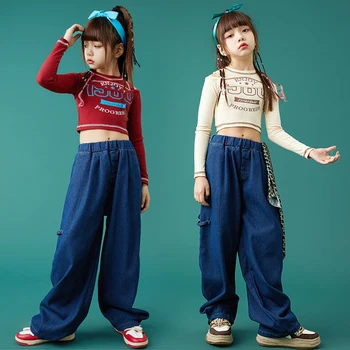 Танцови облекла в стил хип-хоп за момичета, дрехи за джаз танци Kpop, блузи с дълги ръкави, свободни панталони, бебешки дрехи за практикуване на улични танци DL10104