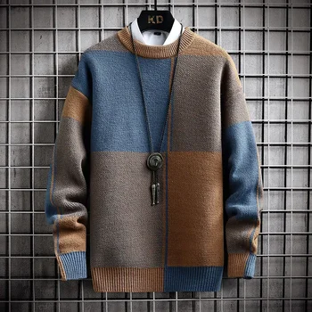 Топъл пуловер с полуприлегающим висока яка, Цветен заключване, Висококачествени Мъжки Пролетно-есенния оборудвана Корейски пуловер свободна плетени с дълъг ръкав