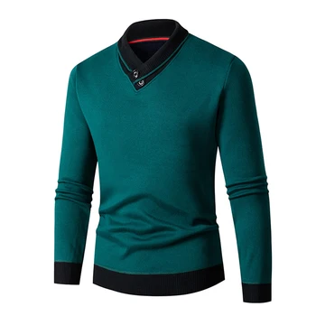 Удобен модерен есенен мъжки пуловер, вязаный с дълъг ръкав, обикновен, леко растягивающийся, с V-образно деколте, устойчив на абразия Класически