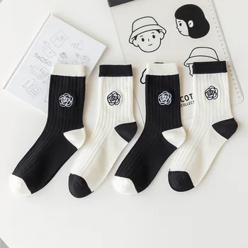 Черни, Бели чорапи с цветна бродерия, Възли дълги чорапи, Дамски Корейски чорапи Harajuku, Реколта чорапи за екипажа, новата Японска мода