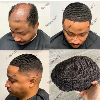 Черни мъжки коси Mono NPU, система за протезиране за смяна на коса, мъжка перука в стил афро с дълбоки вълни от 10 мм, мъжка прическа в стил афро