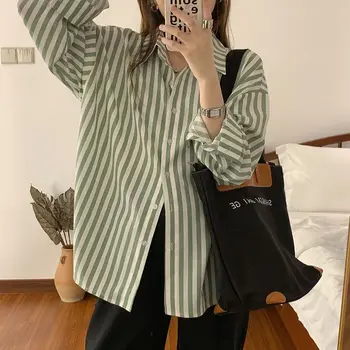 Шарени ризи HOUZHOU Harajuku Женски с дълъг ръкав в корейски стил, ежедневни эстетичная ежедневни Зелена блуза, дрехи копчета